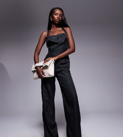 Kaiia Kaiia exclusive square halterneck wide leg pocket detail jumpsuit in black