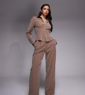 Kaiia Kaiia Exclusive straight leg tailored pants in beige pinstripe - part of a set-Neutral