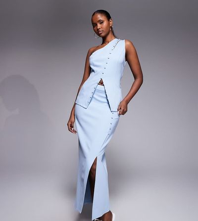 Kaiia Kaiia exclusive structured slit front button detailing maxi skirt in blue - part of a set
