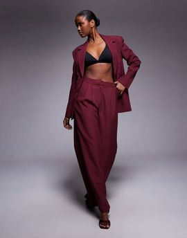 Kaiia Kaiia exclusive tailored pleated detailing wide leg slit hem pants in wine - part of a set