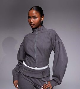 Kaiia Kaiia exclusive tailored zip up balloon sleeve jacket in charcoal - part of a set-Gray