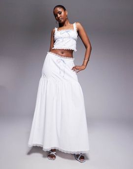 Kaiia Kaiia exclusive textured lace trim dropped waist blue tie detail maxi skirt in white - part of a set
