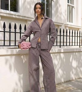 Kaiia Kaiia exclusive wide leg pants in brown plaid - part of a set