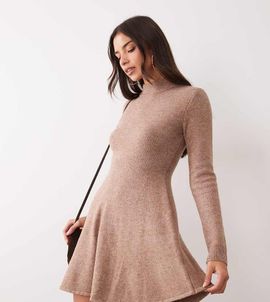 Kaiia Kaiia exclusive wool feel knitted high neck skater mini dress in light brown