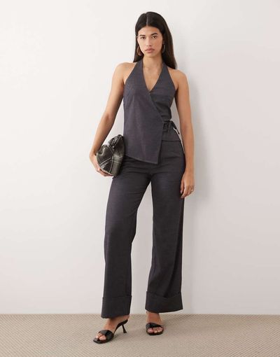 Kaiia Kaiia exclusive woven wide leg cuffed detail tailored stretch pants in charcoal - part of a set-Gray