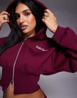 Kaiia Kaiia sport cotton rich embroidered logo cropped zip up hoodie in burgundy and baby pink - part of a set