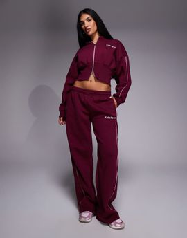 Kaiia Kaiia sport cotton rich side stripe wide leg sweatpants in burgundy and baby pink - part of a set-Red