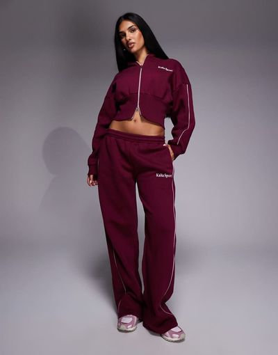 Kaiia Kaiia sport cotton rich side stripe wide leg sweatpants in burgundy and baby pink - part of a set-Red