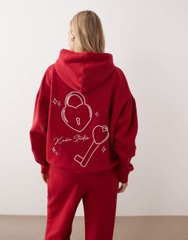 Kaiia Kaiia Studio cotton rich embroidered lock and key back graphic oversized hoodie in red and pink - part of a set-Multi