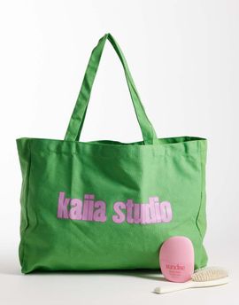Kaiia Kaiia Studio printed logo canvas tote bag in green and pink