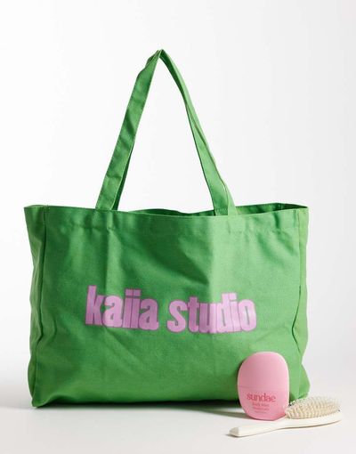 Kaiia Kaiia Studio printed logo canvas tote bag in green and pink