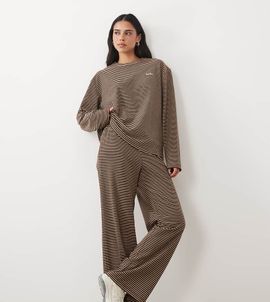 Kaiia Kaiia super soft fleece wide leg lounge pants in brown & cream stripes - part of a set-Multi