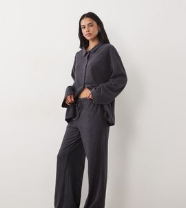 Kaiia Kaiia super soft fleece wide leg lounge pants in navy and black stripes - part of a set-Multi
