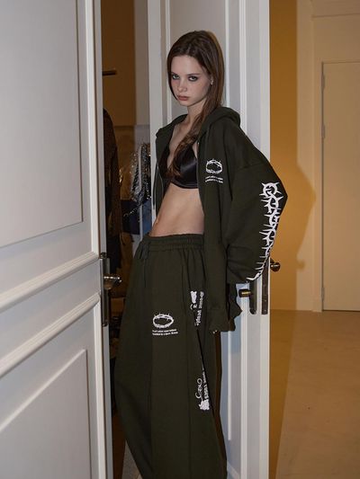 KAMJA Oversized Fit Rose Thorn Zip Up Hoodie - Khaki