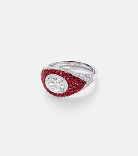 Kamyen Kamyen 18kt white gold pinky ring with diamonds and rubies