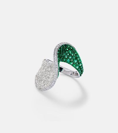 Kamyen Kamyen 18kt white gold ring with diamonds and emeralds
