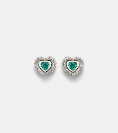 Kamyen Kamyen Heart 18kt white gold and enamel earrings with diamonds and emeralds