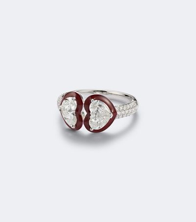 Kamyen Kamyen Twin Heart 18kt white gold and enamel ring with diamonds