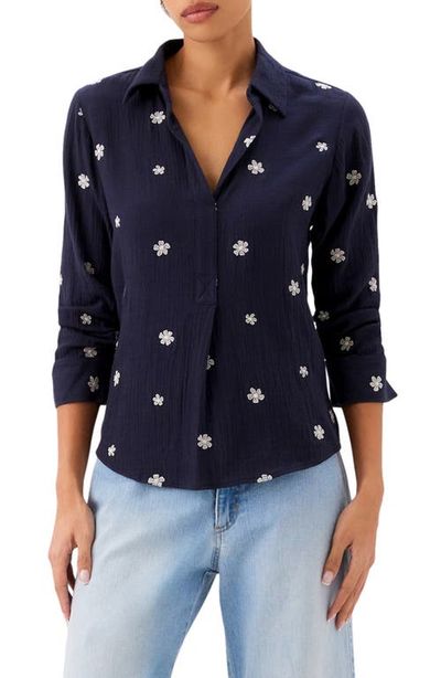 Karen Kane Karen Kane Embroidered Ruched Sleeve Cotton Gauze Shirt