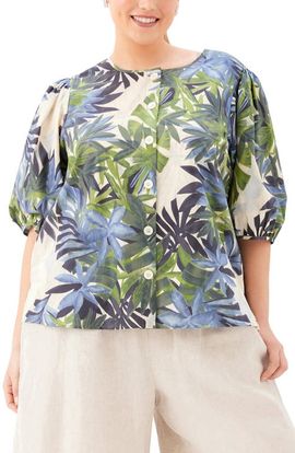 Karen Kane Karen Kane Frond Print Puff Sleeve Button-Up Shirt 