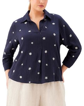 Karen Kane Karen Kane Plus Size Embroidered Ruched Sleeve Shirt
