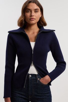 Karen Millen Karen Millen Cotton Zip Through Collar Knit Cardigan