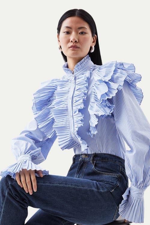 Karen Millen Karen Millen Pleated Striped Ruffle Woven Shirt 