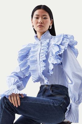 Karen Millen Karen Millen Pleated Striped Ruffle Woven Shirt 