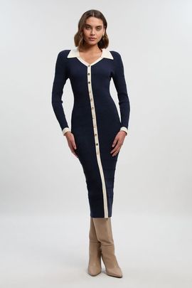 Karen Millen Karen Millen Rib Contrast Button Knit Midi Dress