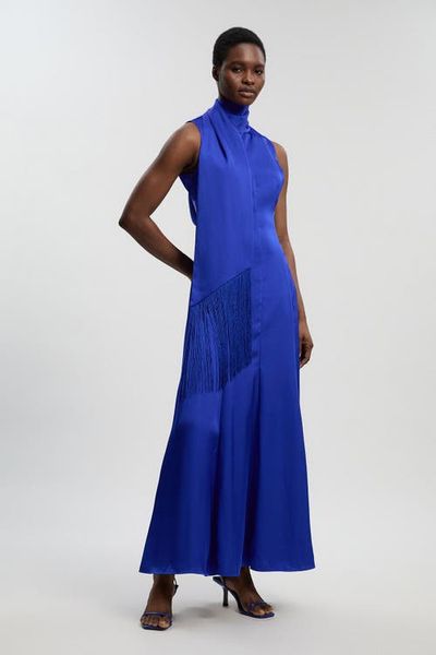 Karen Millen Karen Millen Satin Cowl Neck Scarf Fringe Maxi Dress