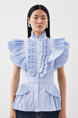 Karen Millen Karen Millen Sleeveless Striped Pleated Ruffle Blouse 