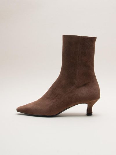 karen white Suede Leather Angular 5cm Heel Boots [Brown]