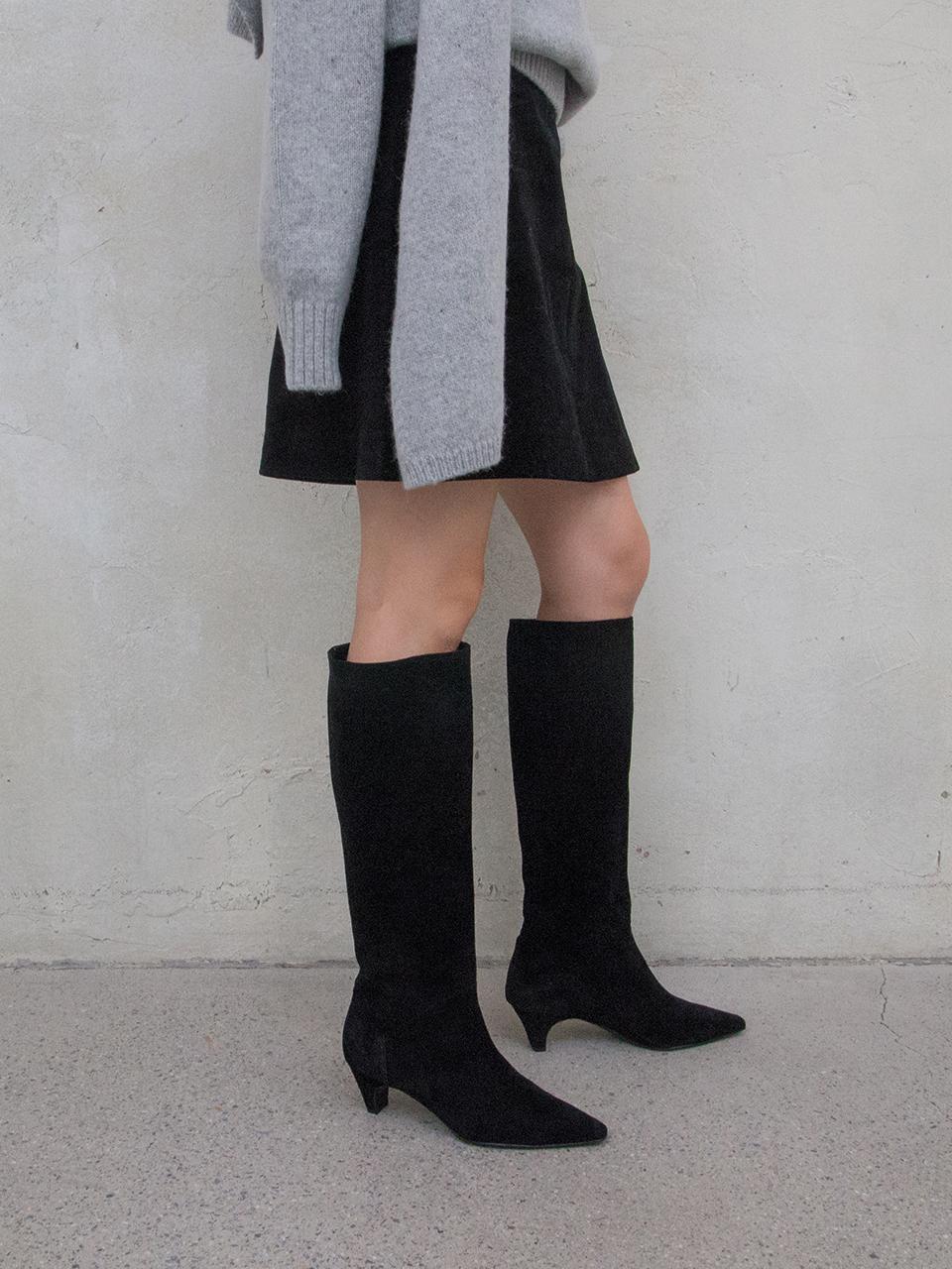 karen white Suede Premium Leather 5cm Heel Long Boots [Black]