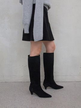 karen white Suede Premium Leather 5cm Heel Long Boots [Black]