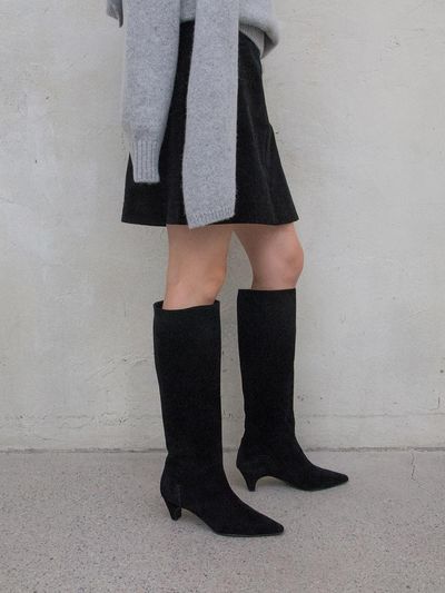 karen white Suede Premium Leather 5cm Heel Long Boots [Black]
