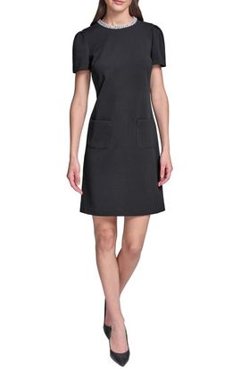 KARL LAGERFELD KARL LAGERFELD Pearl Collar Scuba Crepe Sheath Dress