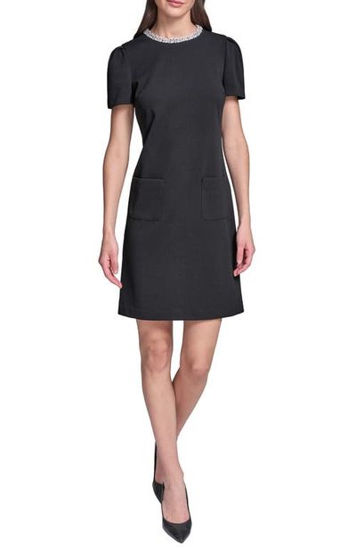 KARL LAGERFELD KARL LAGERFELD Pearl Collar Scuba Crepe Sheath Dress