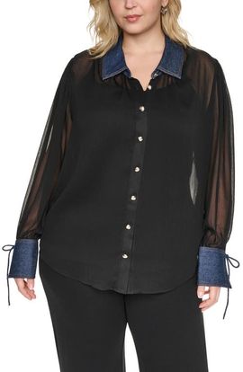 KARL LAGERFELD PARIS KARL LAGERFELD PARIS Crinkle Chiffon Shirt with Denim Trim