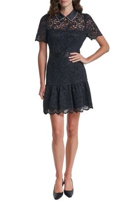 KARL LAGERFELD PARIS KARL LAGERFELD PARIS Crystal Collar Detail Lace A-Line Minidress
