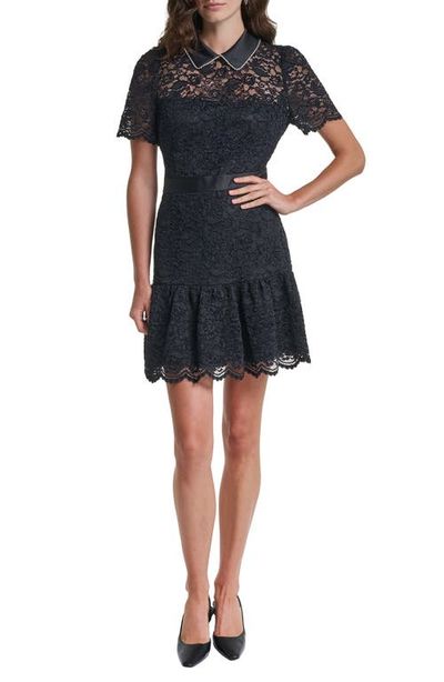 KARL LAGERFELD PARIS KARL LAGERFELD PARIS Crystal Collar Detail Lace A-Line Minidress
