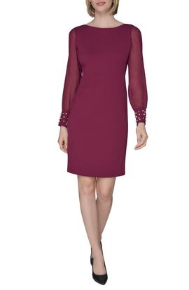KARL LAGERFELD PARIS KARL LAGERFELD PARIS Faux Pearl Cuff Long Sleeve Scuba Crepe Sheath Dress