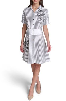 KARL LAGERFELD PARIS KARL LAGERFELD PARIS Floral Embroidery Detail Stripe Cotton Shirtdress