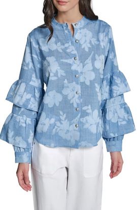 KARL LAGERFELD PARIS KARL LAGERFELD PARIS Floral Ruffle Denim Top