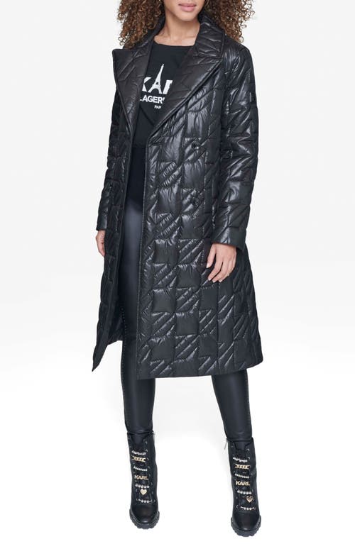 KARL LAGERFELD PARIS KARL LAGERFELD PARIS Houndstooth Quilted Tie Belt Double Breasted Trench Coat