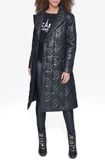 KARL LAGERFELD PARIS KARL LAGERFELD PARIS Houndstooth Quilted Tie Belt Double Breasted Trench Coat