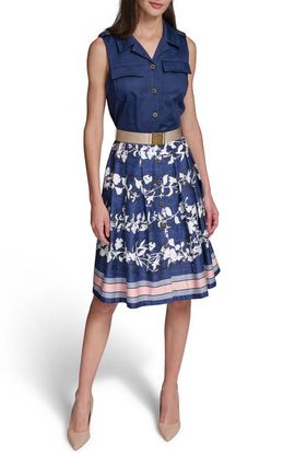 KARL LAGERFELD PARIS KARL LAGERFELD PARIS Mixed Media Belted Shirtdress