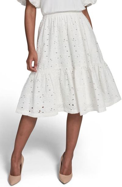 KARL LAGERFELD PARIS KARL LAGERFELD PARIS Mixed Media Eyelet Lace Midi Dress