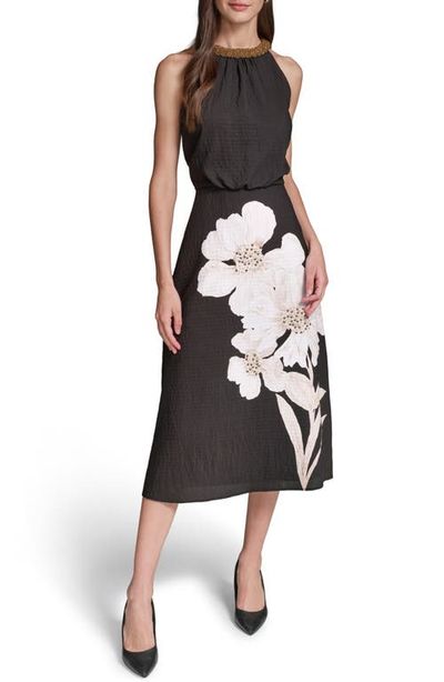 KARL LAGERFELD PARIS KARL LAGERFELD PARIS Placed Floral Bead Collar Detail Sleeveless Midi Dress