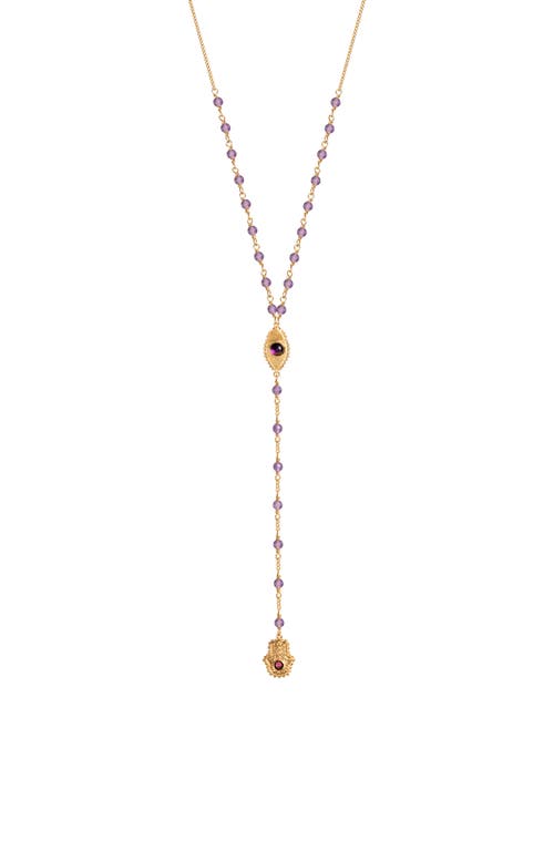 Karma and Luck Karma and Luck Amethyst Evil Eye Hamsa Gold Plated Women's Lariat Necklace - Peace of Spirit