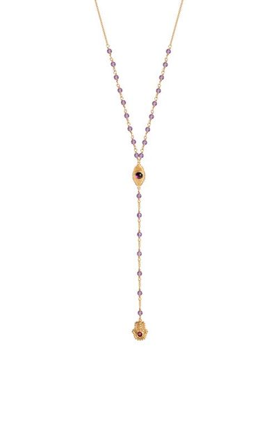 Karma and Luck Karma and Luck Amethyst Evil Eye Hamsa Gold Plated Women's Lariat Necklace - Peace of Spirit
